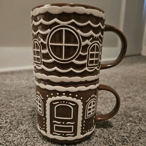 Adorable Gingerbread Houses Stackable Mug Set Brown & White Ceramic